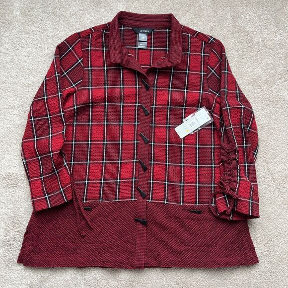 Ali Miles Tunic Top Small Plaid Wire Collar 3/4 Cinched Oversized Red Lagenlook - Picture 2 of 7